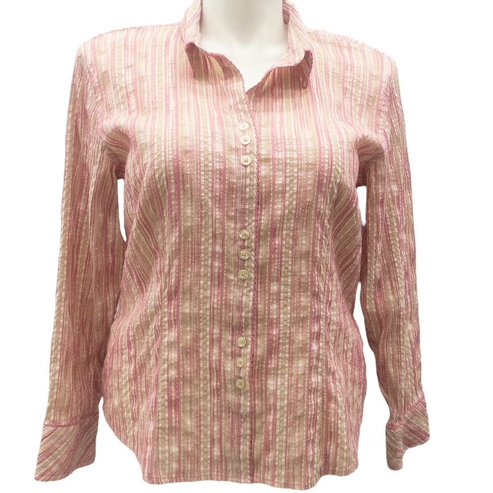 J. Jill Stretch Pink Stripe Crochet Trim Button Down Long Sleeve Shirt Women 1X